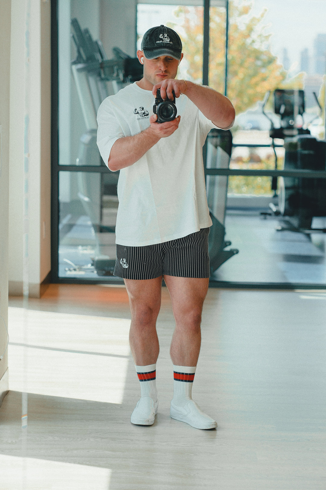 BLACK PIN-STRIPED GYM SHORTS