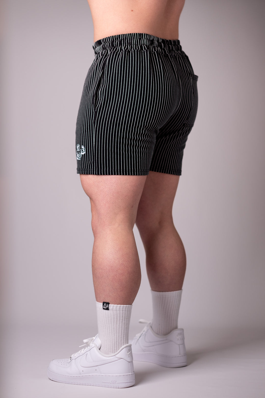 BLACK PIN-STRIPED GYM SHORTS