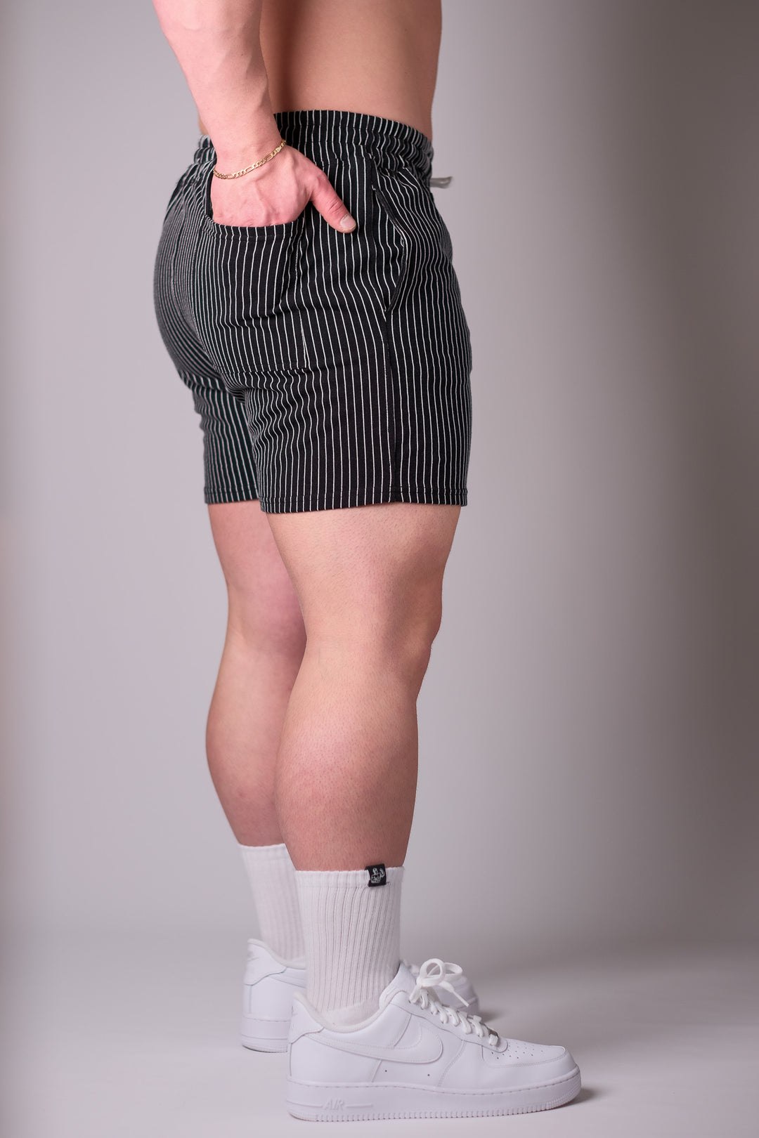 BLACK PIN-STRIPED GYM SHORTS