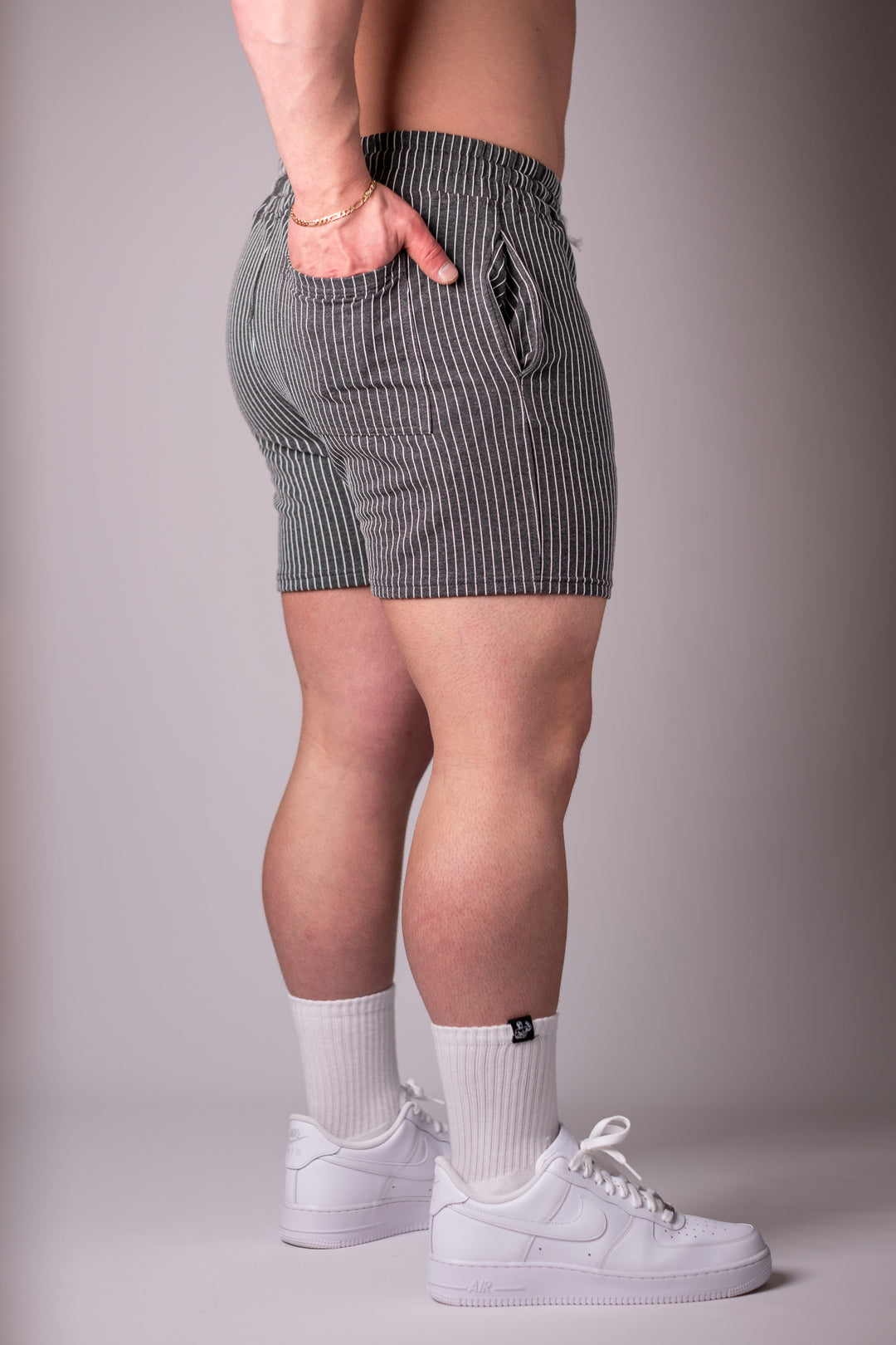 STORM PIN-STRIPED GYM SHORTS