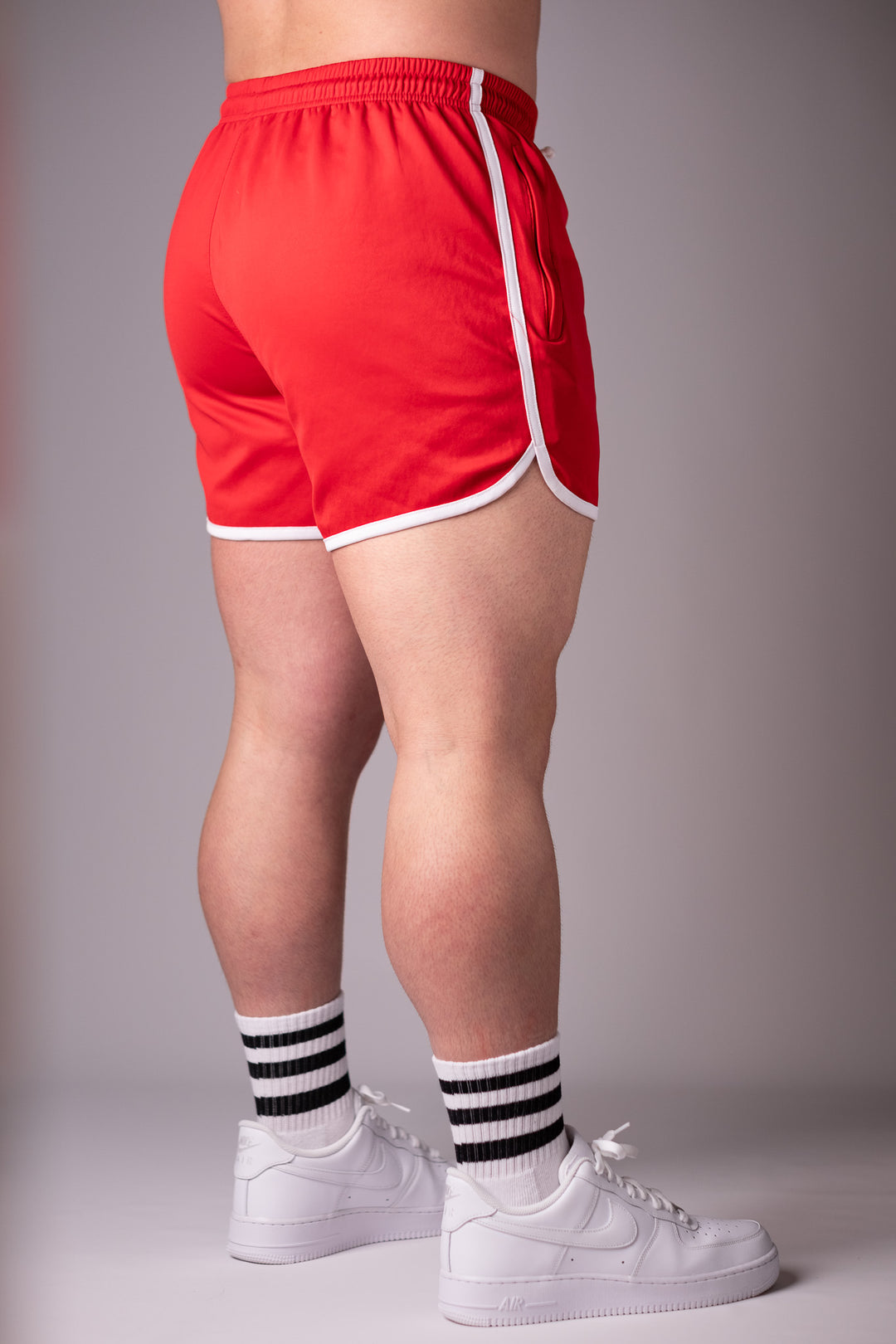 RED STRIPED OLD SCHOOL GYM SHORTS