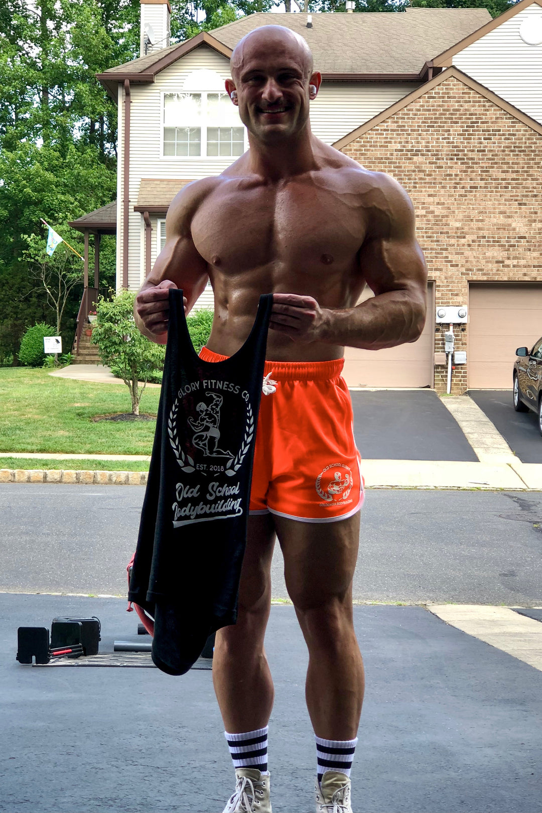 ORANGE STRIPED OLD SCHOOL GYM SHORTS