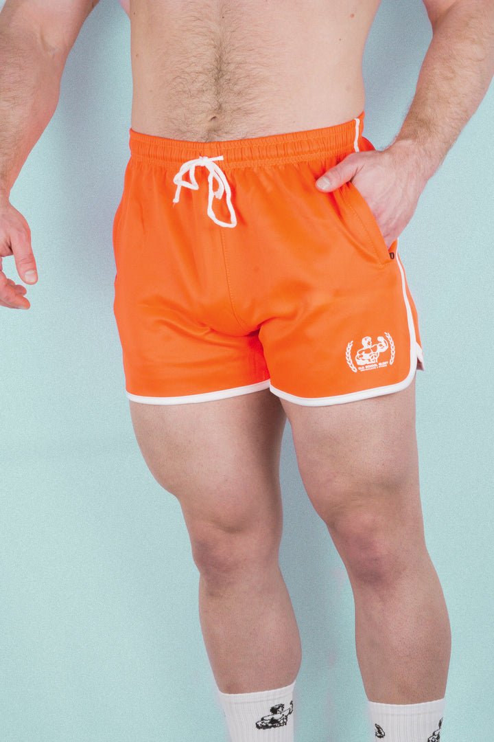 ORANGE STRIPED OLD SCHOOL GYM SHORTS