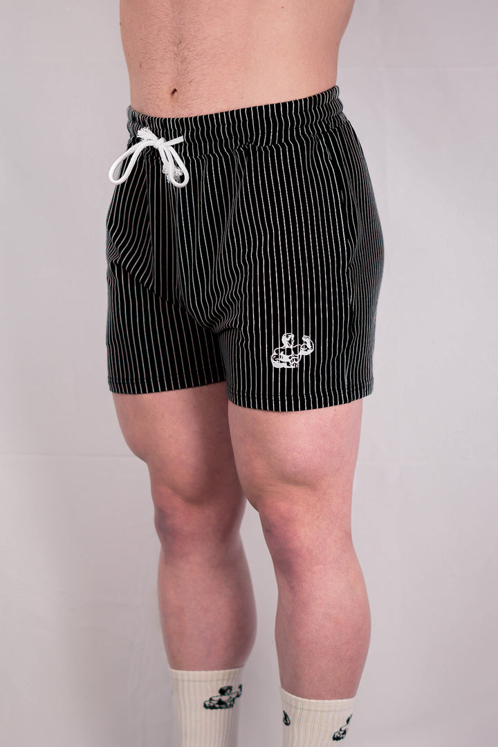 BLACK PIN-STRIPED GYM SHORTS